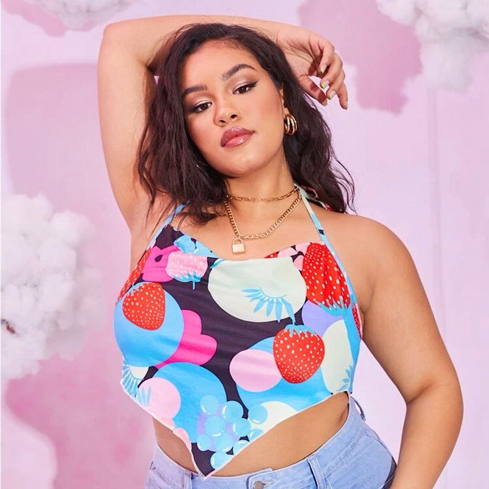 Plus Fruit Print Halter Crop Top